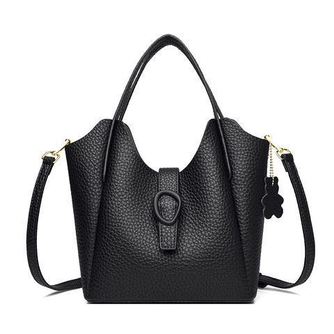 Elegant Lychee Pattern PU Leather Bucket Handbag For Women With Golden Hardware Magnetic Buckle Crossbody Strap Bear Charm