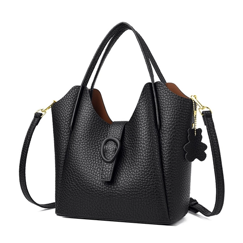 Elegant Lychee Pattern PU Leather Bucket Handbag For Women With Golden Hardware Magnetic Buckle Crossbody Strap Bear Charm