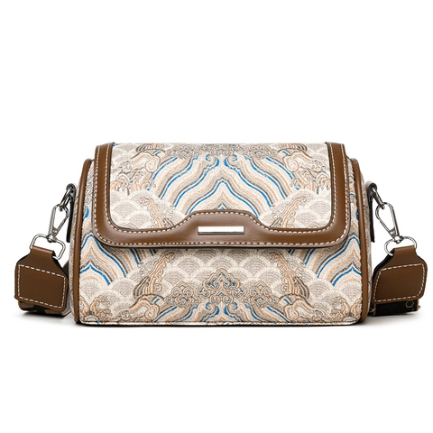 Sac Bandoulière Rétro Style Chinois Pour Femmes Broderie Jacquard Motif Vagues Sac À Épaule Garniture En Similicuir Et Large Sangle