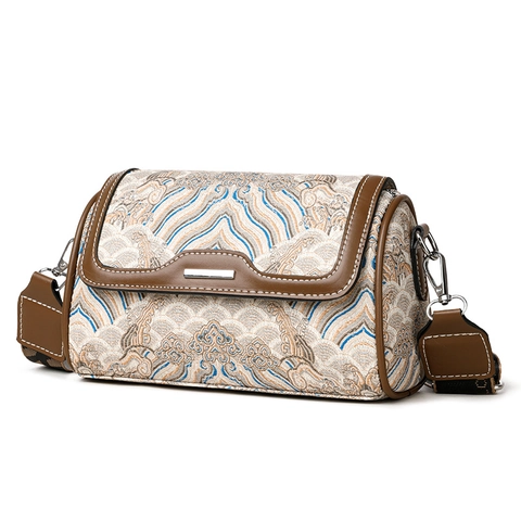Sac Bandoulière Rétro Style Chinois Pour Femmes Broderie Jacquard Motif Vagues Sac À Épaule Garniture En Similicuir Et Large Sangle
