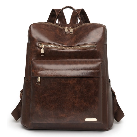 Vintage PU Leather Backpack For Women Multipocket Waterproof Casual Travel School Bag With Golden Hardware Fashion
