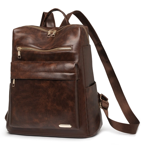 Vintage PU Leather Backpack For Women Multipocket Waterproof Casual Travel School Bag With Golden Hardware Fashion