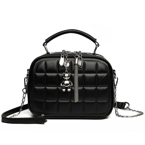 Quilted PU Leather Handbag Women Small Square Crossbody Bag Silver Bear Charm Tassel Multi Layer Zipper Chain Strap