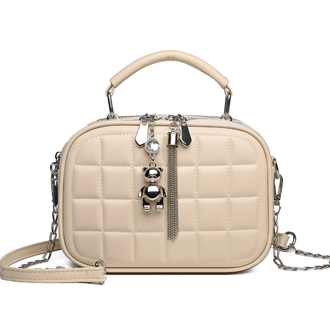 Quilted PU Leather Handbag Women Small Square Crossbody Bag Silver Bear Charm Tassel Multi Layer Zipper Chain Strap
