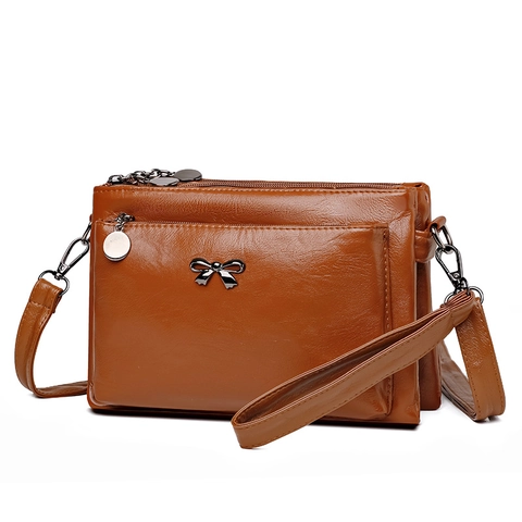 Women Crossbody Bag PU Leather Multi Layer Zipper Three Compartments Metal Bow Elegant Shoulder Bag Clutch With Wristlet Strap