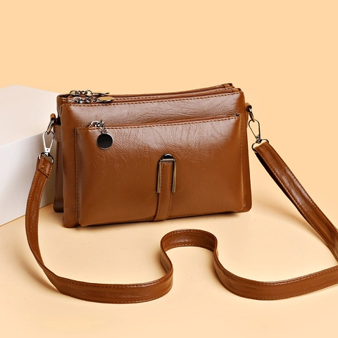 Women Fashion PU Leather Crossbody Bag Multi-Layer Zipper Shoulder Bag Litchi Pattern Clutch With Wristlet Strap