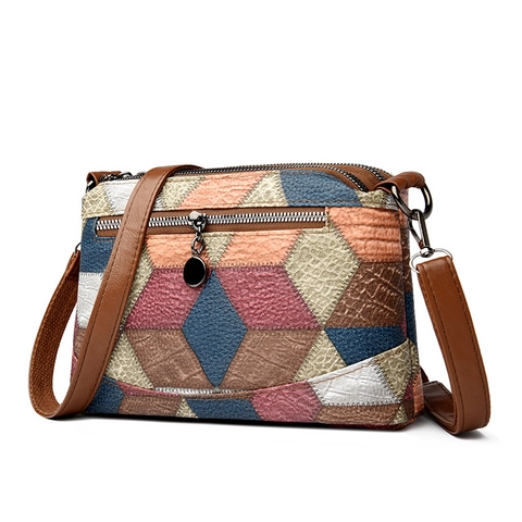 Borsa A Tracolla Da Donna In Pelle PU Patchwork Geometrico Borsa A Spalla Multistrato Con Cerniera Moda