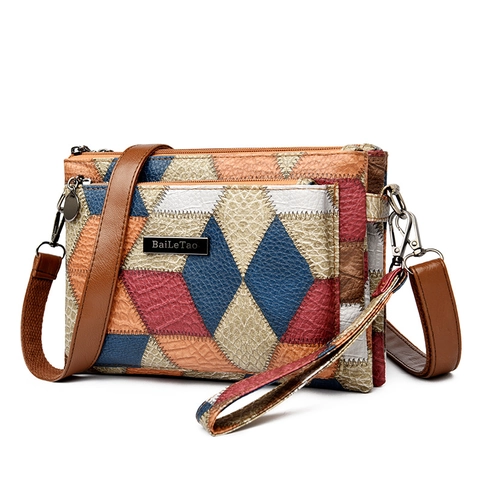 Borsa Tracolla Patchwork Vintage Donna Pelle PU Trama Lychee Tasche Multiple Cerniera Borsa Spalla Con Tracolla Rimovibile