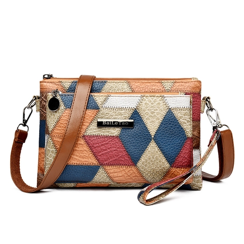 Borsa Tracolla Patchwork Vintage Donna Pelle PU Trama Lychee Tasche Multiple Cerniera Borsa Spalla Con Tracolla Rimovibile