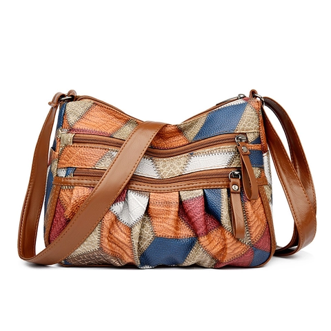 Vintage Patchwork PU Δερμάτινη Γυναικεία Τσάντα Χιαστί Πολλαπλές Τσέπες Με Φερμουάρ Μεγάλη Χωρητικότητα Casual Τσάντα Ώμου Bohemian Style Ρυθμιζόμενος Ιμάντας