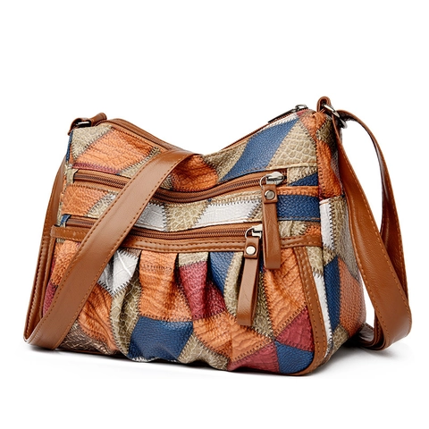 Vintage Patchwork PU Δερμάτινη Γυναικεία Τσάντα Χιαστί Πολλαπλές Τσέπες Με Φερμουάρ Μεγάλη Χωρητικότητα Casual Τσάντα Ώμου Bohemian Style Ρυθμιζόμενος Ιμάντας