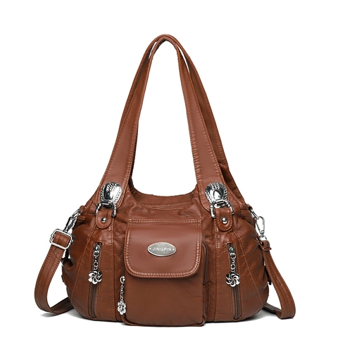 Vintage Women Shoulder Bag PU Leather Multi Pocket Handbag With Flower Pendant Large Capacity Retro Casual Tote