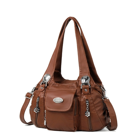 Vintage Women Shoulder Bag PU Leather Multi Pocket Handbag With Flower Pendant Large Capacity Retro Casual Tote