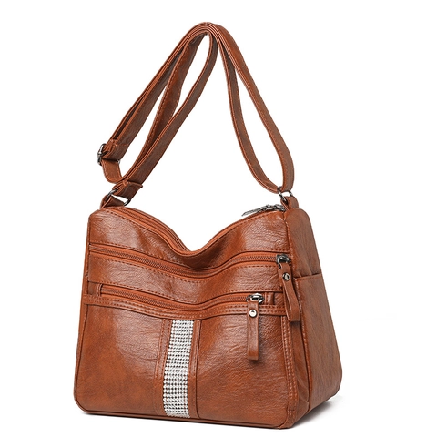Women Crossbody Bag Soft PU Leather Multi Zipper Pockets Vintage Large Capacity Rhinestone Decor Shoulder Purse Casual