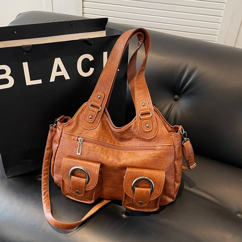 Retro PU Leder Tote Bag Große Kapazität Mehrere Taschen Metallring Dekor Täglich Lässig Schulter Handtasche Für Damen