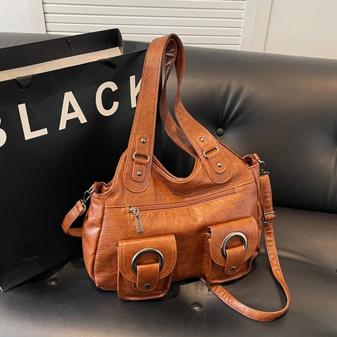 Retro PU Leder Tote Bag Große Kapazität Mehrere Taschen Metallring Dekor Täglich Lässig Schulter Handtasche Für Damen