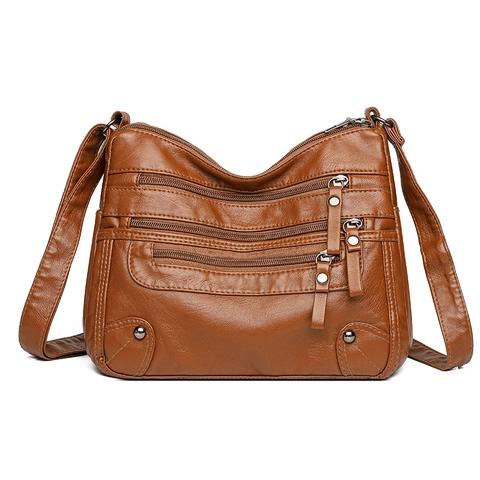 Bolso Bandolera Para Mujer Multibolsillos Cuir PU Suave Triple Cremallera Bolso De Hombro Vintage Gran Capacidad