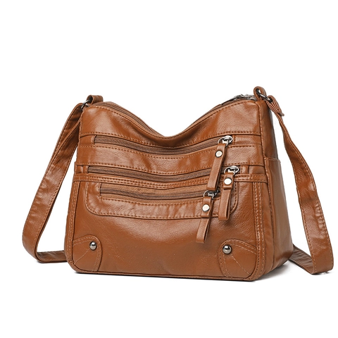 Bolso Bandolera Para Mujer Multibolsillos Cuir PU Suave Triple Cremallera Bolso De Hombro Vintage Gran Capacidad