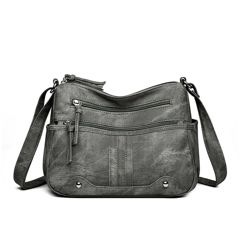 Retro PU Leather Crossbody Bag For Women Multi Pocket Large Capacity Washed Texture Shoulder Bag With Rivet Decor