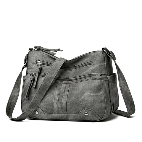 Retro PU Leather Crossbody Bag For Women Multi Pocket Large Capacity Washed Texture Shoulder Bag With Rivet Decor