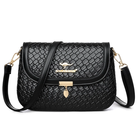 Borsa A Tracolla Da Donna In Pelle PU Intrecciata Con Patta E Pendente A Foglia Dorata Tracolla Regolabile Borsa Quadrata