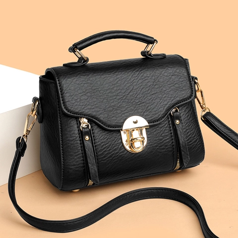 Women Litchi Texture PU Leather Handbag Small Square Crossbody Bag With Golden Lock Top Handle Adjustable Strap Urban Style