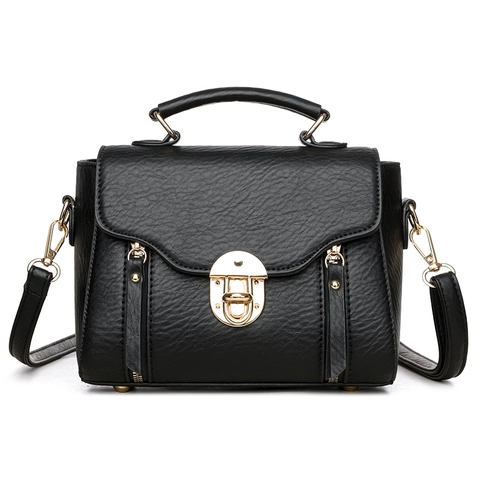 Women Litchi Texture PU Leather Handbag Small Square Crossbody Bag With Golden Lock Top Handle Adjustable Strap Urban Style