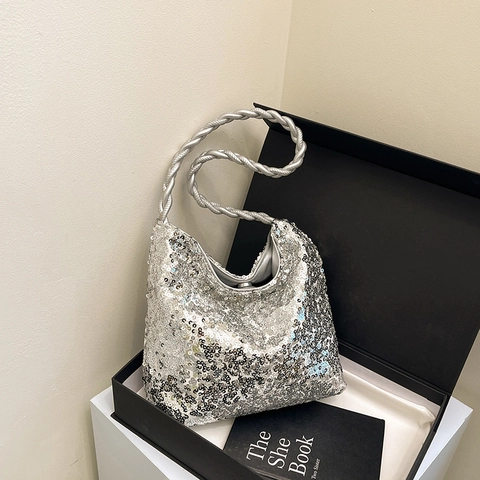 Borsa A Spalla Con Paillettes Da Donna Con Manico In Corda Intrecciata Borsa Hobo Scintillante In PVC Per Feste