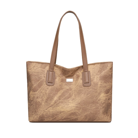 Women Retro Marble Texture PU Leather Tote Bag Large Capacity Casual Work Shoulder Bag With Metal Plate Decoration