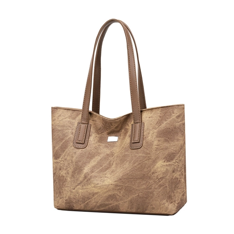 Women Retro Marble Texture PU Leather Tote Bag Large Capacity Casual Work Shoulder Bag With Metal Plate Decoration