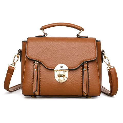 Vintage Women Crossbody Bag Lychee Pattern PU Leather Handbag With Gold Lock Closure And Top Handle Daily Shoulder Bag
