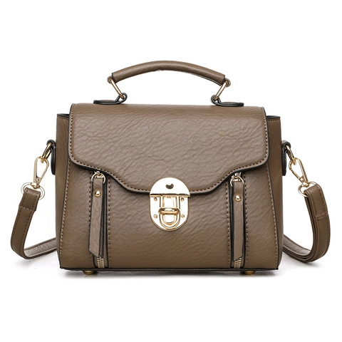 Vintage Women Crossbody Bag Lychee Pattern PU Leather Handbag With Gold Lock Closure And Top Handle Daily Shoulder Bag