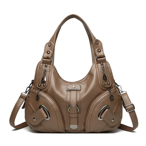 Sac À Main Grande Capacité Cuir PU Grain Lychee Multi Poches Zippées Sac Hobo Vintage Pour Femmes
