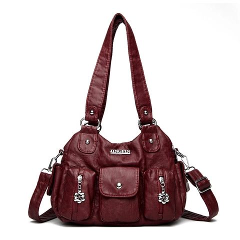 Vintage Women Shoulder Bag PU Leather Multi Pocket Handbag Retro Soft Leather Purse With Flower Zipper Pull