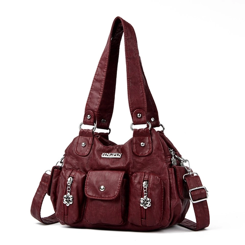 Vintage Women Shoulder Bag PU Leather Multi Pocket Handbag Retro Soft Leather Purse With Flower Zipper Pull