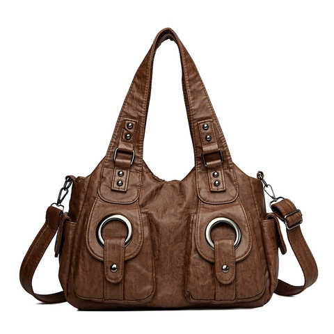 Vintage Women Large Capacity Handbag Multi Pocket PU Leather Polyester Lining Tote Shoulder Crossbody Bag Metal Ring Retro