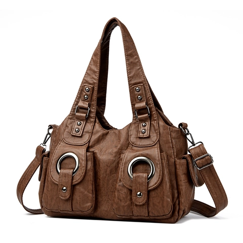 Vintage Women Large Capacity Handbag Multi Pocket PU Leather Polyester Lining Tote Shoulder Crossbody Bag Metal Ring Retro