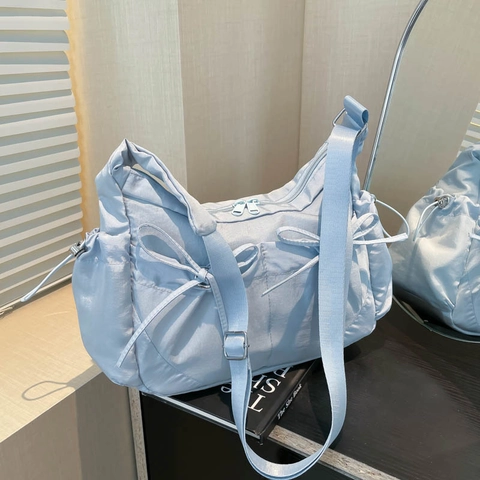 Large Capacity Women Nylon Shoulder Bag With Bow Drawstring Decor Minimalist Crossbody Underarm Bag For Daily Commuting