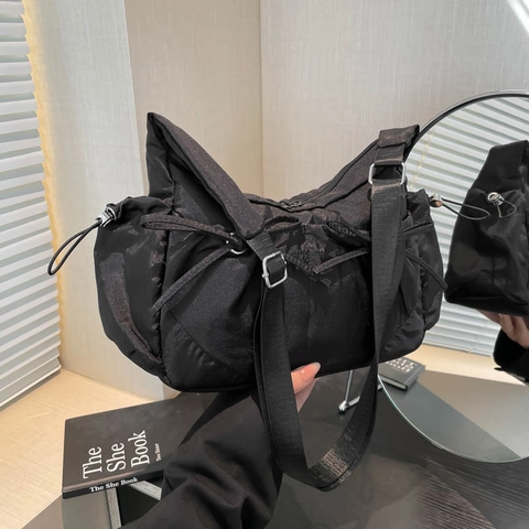 Nylon Shoulder Crossbody Bag For Women Large Capacity Lightweight Adjustable Strap With Bowknot Decor Fashion Casual