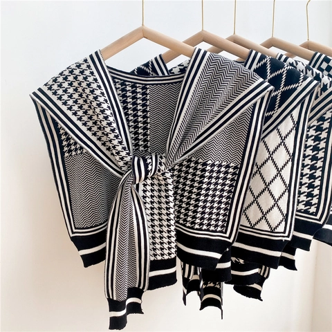 Chal De Hombro De Punto Para Mujer Cuello Falso Blanco Negro Pata De Gallo Argyle Plaid Envoltura Decorativa