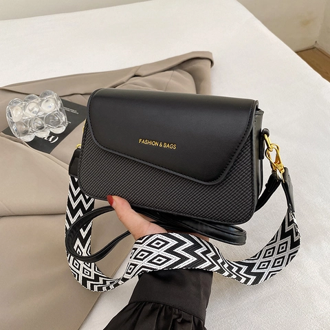 Women Crossbody Bag PU Leather Woven Texture Small Square Shoulder Purse With Wide Geometric Strap And Thin Leather Strap