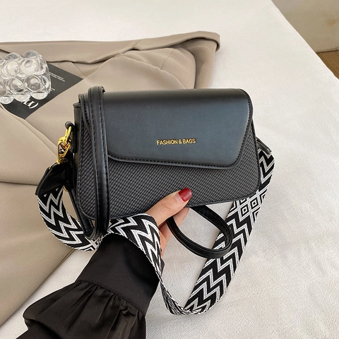 Women Crossbody Bag PU Leather Woven Texture Small Square Shoulder Purse With Wide Geometric Strap And Thin Leather Strap
