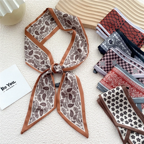Narrow Simulation Satin Scarf Retro Paisley Floral Neckerchief Fashionable Hair Band Versatile Bag Decoration Handle Wrap