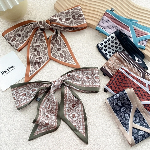 Narrow Simulation Satin Scarf Retro Paisley Floral Neckerchief Fashionable Hair Band Versatile Bag Decoration Handle Wrap