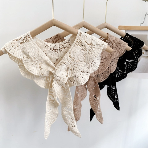 Col Amovible Crochet Femmes Châle Décoratif Dentelle Coton Motif Feuille Style Rétro Accessoire À Nouer Devant