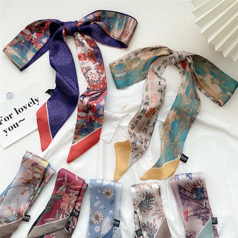 Reine Satin Skinny Schal Schmal Lang Twilly Für Hals Haar Tasche Band Ölgemälde Blumendruck Damen Sommer Accessoires