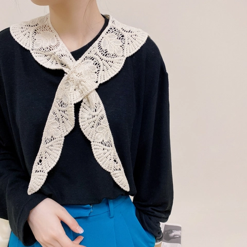 Col Amovible Crochet Femmes Châle Décoratif Dentelle Coton Motif Feuille Style Rétro Accessoire À Nouer Devant