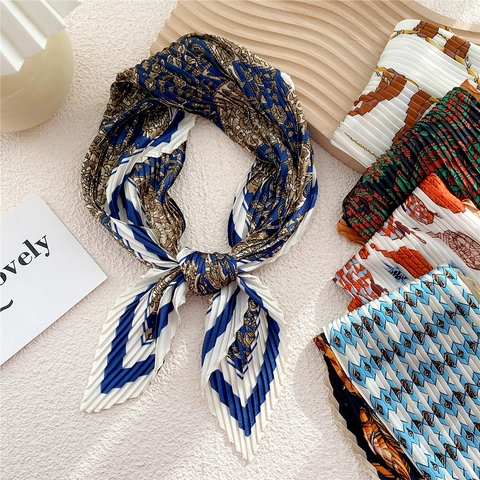 Women Vintage Pleated Satin-like Square Scarf Fashion Printed Neckerchief Decorative Hair Band Accessory Elegant Wrap