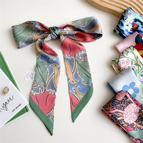 Women Long Skinny Scarf Satin Polyester Necktie Floral Pattern Hair Band Bag Decoration Accessories Versatile Elegant Twilly