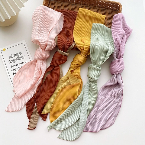 Solid Color Pleated Narrow Scarf Women Decorative Neck Scarf Summer Fashion Multiuse Hair Ribbon Bag Accessory